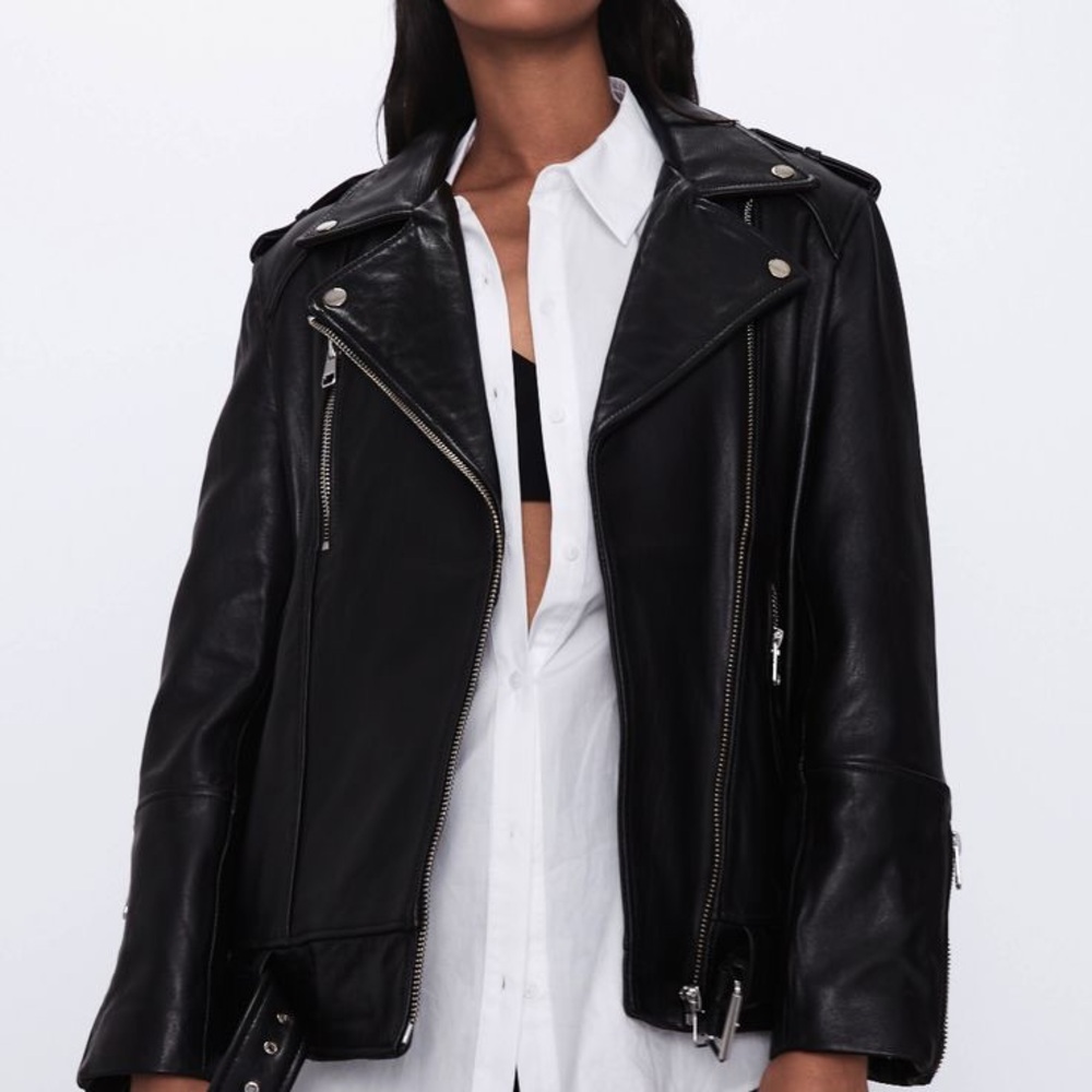 Zara Oversized Black Leather Biker Jacket (XL)